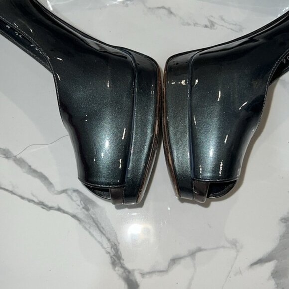 STUART Weitzman Shiny Gray peep toe platform evening prom high heels size 7.5 M - Picture 5 of 16